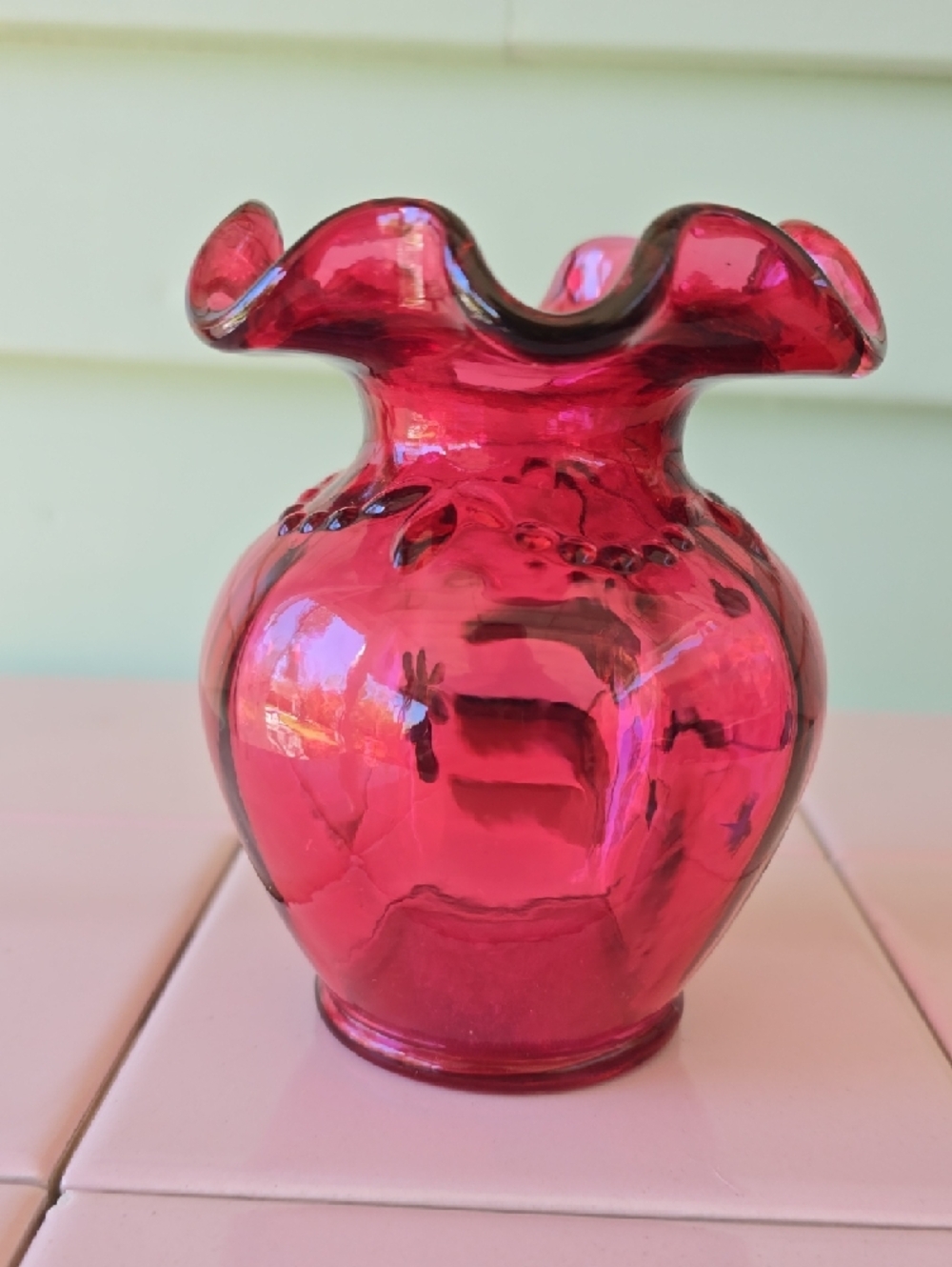 Fenton Cranberry Red Ruffled Vase and Basket Set with Hand-Painted Pansies - Picture 3 of 8